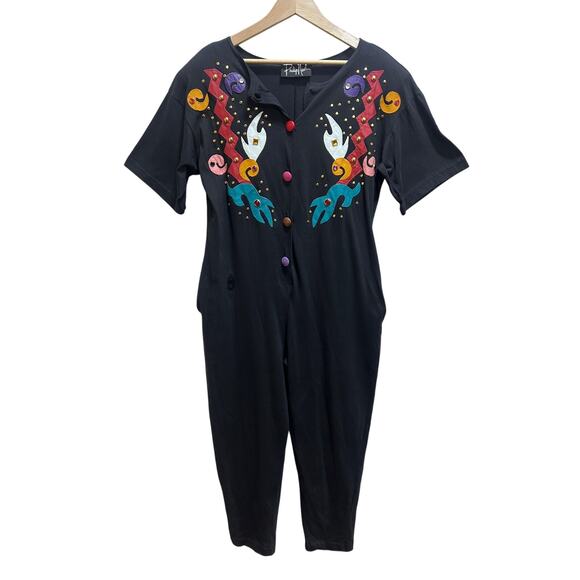 VTG Philip Noel 80's Blk Jumpsuit O/S Abstract Leather Applique Artsy Deadstock - Picture 2 of 10